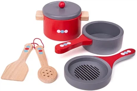 Play Kitchen - Wooden Cooking Pans-Bigjigs Toys, Calmer Classrooms, Gifts For 2-3 Years Old, Imaginative Play, Kitchens & Shops & School, Life Skills, Play Kitchen Accessories, Stock, Wooden Toys-Learning SPACE